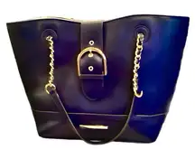 Anne Klein Dark Navy Blue Satchel Tote w/ Gold Buckle Closure & Accents