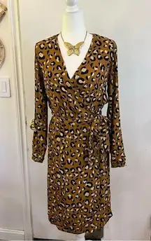 H&M Leopard Print Wrap Midi Dress Long Sleeve Tie Waist Y2K Animal Print Sz 6