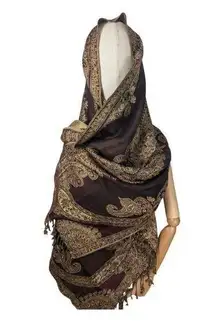 Pashmina Scarf Shawl Cashmere Silk Paisley Floral Gold Metallic Maroon Reverse