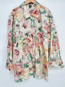 Lauren Ralph Lauren 100% Linen Button Up Top Floral Size 2X Coastal Feminine