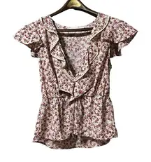 All‎ In Favor Floral V-Neck Ruffle Top Size Medium