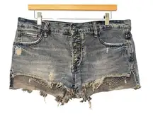 Free People Cut Off Shorts Dark Wash Button Fly Distressed Women's 27 Mid Rise