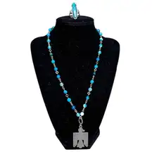 Silver Tone Gemstone Bead Necklace Thunderbird Pendant Faux Turquoise Ring Sz 8