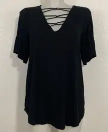 7th Ray Black Jersey Knit Crisscross Bell Sleeve Blouse Size L