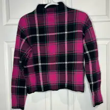 Nicole Miller Women’s Mock Neck Plaid Crop Sweater - Sz. Small- Pink/Black/white