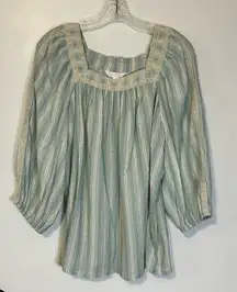 LC Lauren Conrad 3/4 Sleeve Square Neck‎ Top Blue Stripe Lace Trim Pullover Med