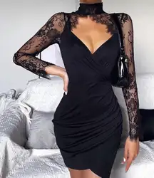 Women's Black Mock Neck Long Lace Sleeve Cocktail Mini Dress Size Small