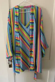 Vintage Victorias Secret Collection Rainbow Striped kimono Robe And Slip Large
