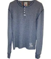 Superdry Henley Shirt 100% Cotton Embroidered Logo 1/2 Button Up Heather Blue L