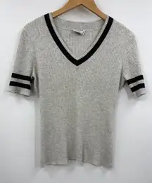 FRAME Shirt Grey Ribbed V Neck Short Sleeve Varsity Stripe Top Womens M