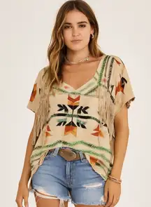 Ralph Lauren Denim & Supply southwestern motif fringed oversized tee. Small