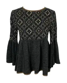 THML Top‎ XS Black Knit Bell Sleeve Boho Statement Trendy Festival