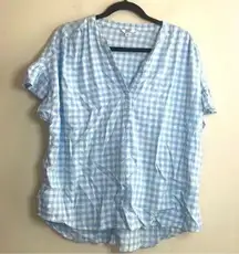 Crown & Ivy  Blue Plaid Gingham Short Sleeve Boxy Relaxed Fit Shirt Blouse Top