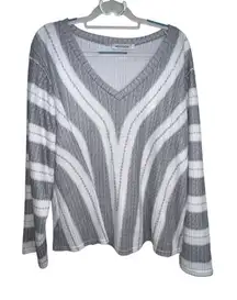 MissLook Gray & White Striped V-Neck Knit Sweater Long‎ Sleeve Women's Size 4XL