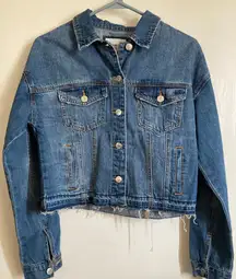 Forever 21 Medium Wash Cropped Racing Stripes on Sleeves Denim Jacket A242