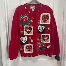 Vintage Heirloom Collectibles Medium Red Embroidered Patchwork Heart Cardigan