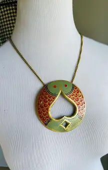 Vintage Brass Fish Pendant Necklace Made in India Rust Green Gold Statement