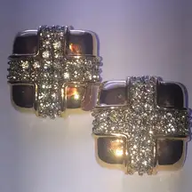 Vintage Gold Tone Square Bling Stripe Clip On Earrings