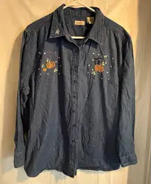 Vintage Blue‎ Denim Shirt Womens Sz 16 Halloween Pumpkins Cat Long Sleeve Fall
