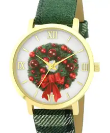 Holiday Lane Women's Plaid Fabric Strap Watch in Green NWT