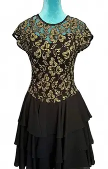 Vintage 80's Late Edition Women's Black w/ sheer Gold floral Ruffle Dress size 6
