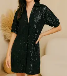 Every Sequin Collared Button Down Mini Dress in Black
