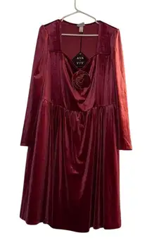 AVA & VIV Women's 2X Burgundy Velvet Long-Sleeve Party‎ Dress