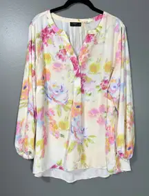 Tahari Pale Yellow Romantic Pastel Floral Coquette Top - 1X - Women's Plus Size