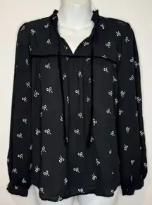 J Crew Black High Collar Tie Neck Blouse Ribbon Print Velvet Trim Size M NWT!!