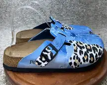 Rare  Papillio Blue Denim Animal Print Closed Toe Clogs Womens Size 7