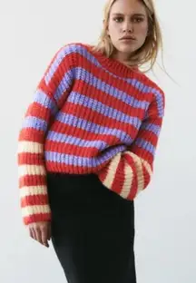 ZARA Chunky Knit Crew Neck Oversized Striped‎ Sweater Balloon Sleeves Size Small