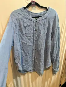 We The Free People Blue Cotton Gauze Long Sleeve Frayed Hem Button Down Top