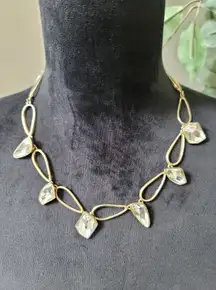 Women's Gold Link Necklace With Clear Crystal Stones And Lobster Claw Locks