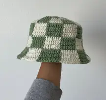 Green & White Checkered Crochet Bucket Hat