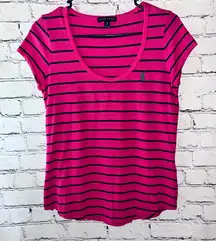 Ralph Lauren Y2K Pink and Navy Striped Short Sleeve Scoop Neck‎ Top Size Small