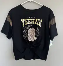 Organic Generation YeeHaw Cowgirl Woman’s Tee Sz M Black Gold Tassels Boots Top