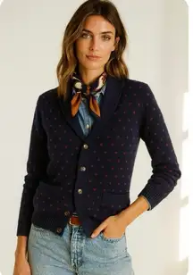 Merona 100% Cotton Navy Red Polka Dot Heritage Preppy Shawl Collar Cardigan