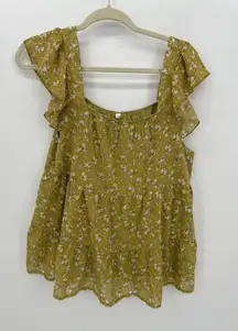 Womens Mustard Yellow Floral Babydoll Tank Top Size XL Ruffle Boho Feminine