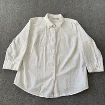 L.L. Bean Women's Classic Seersucker Button-Front Shirt Top Blouse Large White