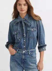 LOFT Blue Denim Button Down Shirt with detachable tie. Size PM. NWT