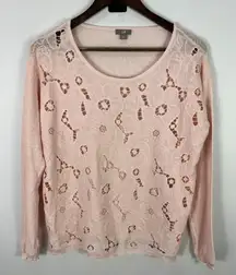 J. Jill Romantic Lace Floral Sheer Top Pink Cottage Coquette Feminine Soft Girl