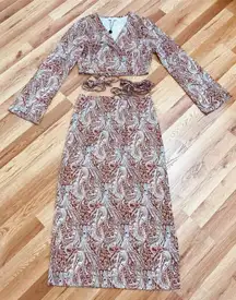 GIANNI‎ BINI Brown Paisley Two Piece Midi Dress Set Boho Hippie 70s Size 0 New