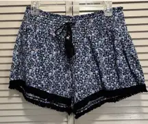 No Boundaries Boho Blue/Pink Floral Shorts Size XXL Fringe Smocked Tie Waist