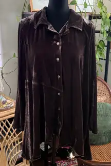 Lisa Bayne Chocolate Brown Crushed Velvet Button Up Tunic Top