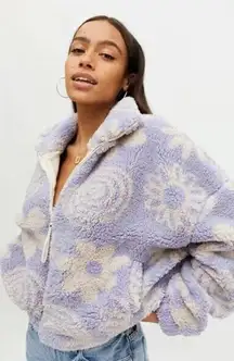 Urban Outfitters Olivia Sherpa Fleece Jacket Flower Purple Full Zip Womens XS