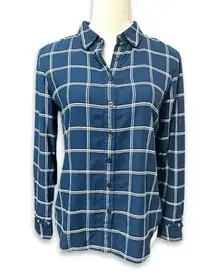 Draper James Button Up Shirt Plaid Pattern Cuff Round Hem Long Sleeves Blue W 2