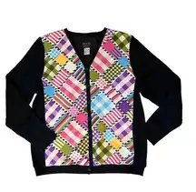 VTG New Koos Of Course M Cardigan Sweater Jacket Silk Black Madras Plaid Pink