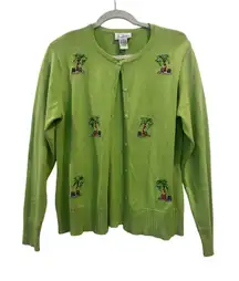 Vintage Christmas sweater, button-down petit, L CB collections  green palm trees