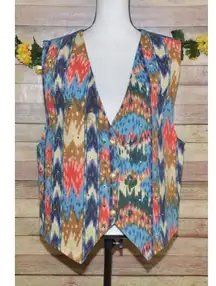 Vintage Denim Southwest Print Vest Rhinestone Accents USA Made Ladies L Western