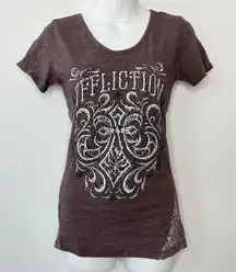 AFFLICTION Brown Lace Rhinestone T-shirt